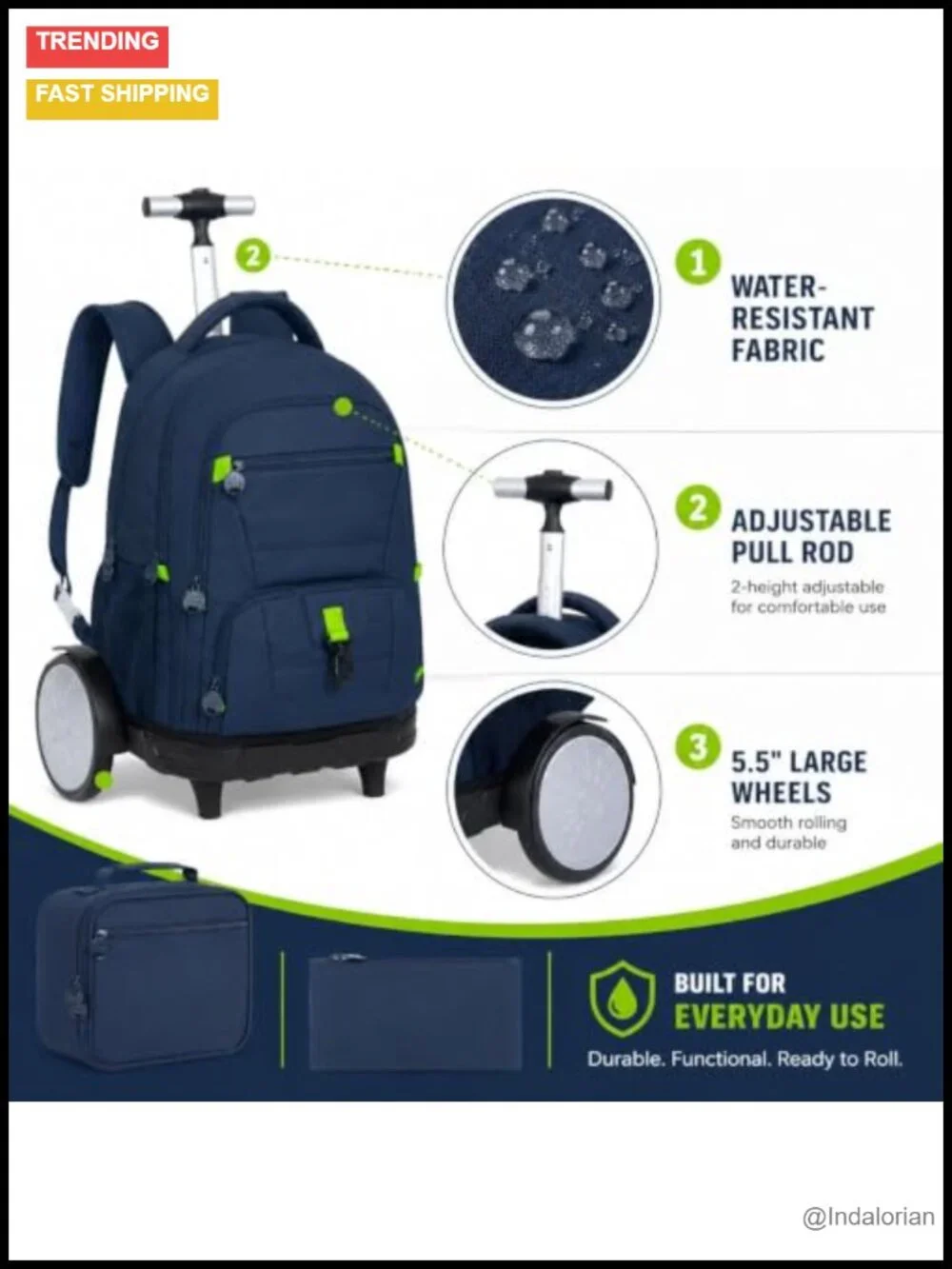 3-in-1 Men's Rolling Backpack with Bigger Wheels, Lunch Box Pencil Bag, Water